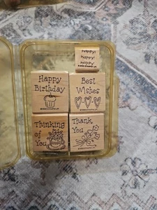 Stampin’ Up Simple Wishes 4 Pc Stamp Set 1998 Happy Birthday Best Thank You Plus - Picture 1 of 5
