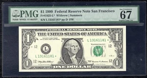FR. 1925-L* 1999 $1 *STAR* FRN NOTE SAN FRANCISCO, CA PMG SUPERB GEM UNC-67EPQ - Picture 1 of 2