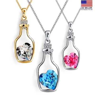 Fashion Women Necklace Crystal Heart Lucky Wishing Message Bottle Pendant 1806 - Image 1 of 4