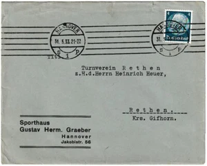Briefumschlag Sporthaus Gustav Herm Graeber Hannover mit Stempel+Briefmarke 1933 - Picture 1 of 2