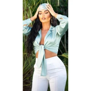Ladies Long Sleeve Wrap Blouse Cropped Satin Blouse Mint Green 34/36/38 #BL502 - Picture 1 of 6