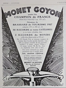PUBLICITÉ DE PRESSE 1928 MONET GOYON CHAMPION DE FRANCE 2 RECORDS DU MONDE - Imagen 1 de 1