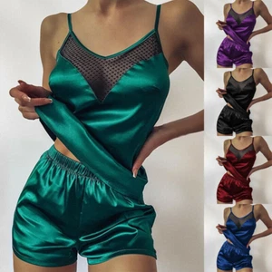 Womens Pyjamas Set Nightwear Ladies Cami Shorts Pjs Satin Silk Lace Sleepwear - Picture 1 of 6