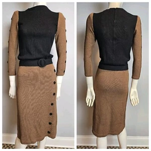 Vintage Adolfo Long Sleeve Knit Dress Faux Button Skirt Wool Rayon Blend W Belt - Picture 1 of 18