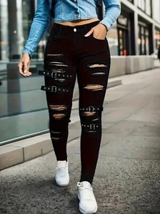 Women's Black Stretchy Ripped Cotton Jeans Slim Fit Denim Pants Buckle Decal -XL - Picture 1 of 5