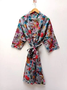Indian Handmade Vintage Kimono Gray Bird Print Cotton Bath Robes Maxi Night Gown - Picture 1 of 6