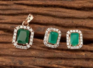 Emerald Cut Lab-Created Emerald 14k Yellow Gold Plated Women's Jewelry Set 3Ct - Picture 1 of 4