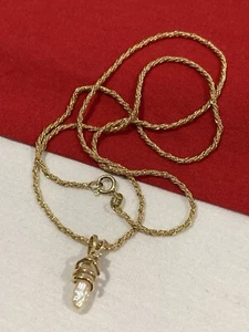 Vintage 14k Solid Yellow Gold Pearl Diamond Pendant & Twisted Rope Necklace 18” - Picture 1 of 24