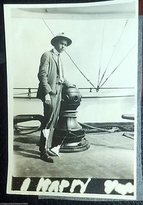 Vintage Snapshot Boat Young Man Hat Suit - Picture 1 of 2