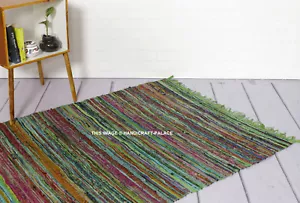 Tappeto Chindi in cotone boemo fatto a mano straccio verde, multi indiano 5 x 7 piedi - Foto 1 di 3