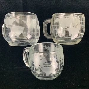 3 Vintage Nestle Nescafe Mugs WORLD GLOBE Frosted Glass Coffee Tea Cocoa Cup - Picture 1 of 12