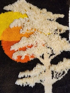 Vintage Latch & Hook Rug Wall Art Hanging Tree Sunset 70’s Finished 33x24 Boho - Picture 1 of 10
