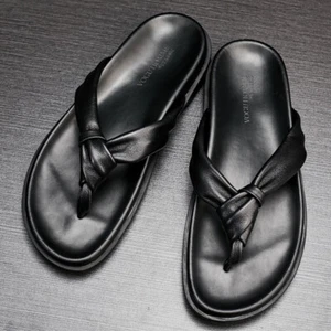 British Mens Real Leather Slippers Sandals Flip Flops Beach Shoes Summer Fashion - Picture 1 of 19