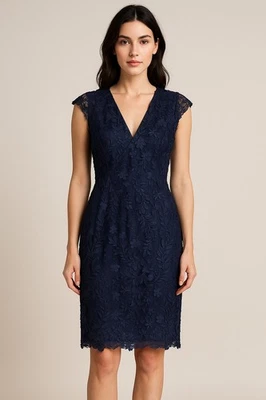 Vestido Carmen Marc Valvo Mujer Talla 10 Azul Marino Encaje Floral Apliques Cóctel Foto 1 de 4