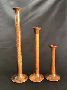 Set Of 3 Matching Danish Teak Wooden Candle Stick Holders Hand Turned 12” 9” 6” - Picture 1 of 10