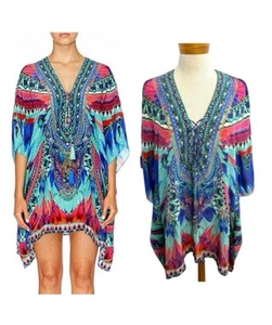 Camilla One Size 10 12 14 S M Blue Red Sky Fall Print Silk Short Lace Up Kaftan - Picture 1 of 16