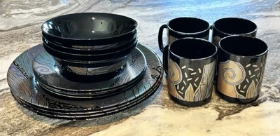 Vtg 1990s Arcoroc France Tampico Black Glass 16 PC Dinnerware Set for 4 New - Image 1 of 4
