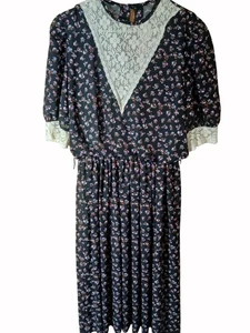 Vintage Lady Carol Black Floral Dress White Lace Puff Sleeve Elastic Waist L - Picture 1 of 14