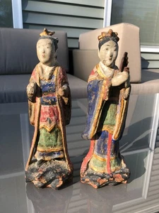 Pair of 19th Century Antique Chinese Painted Wooden Tang Style Female Figures - Picture 1 of 17