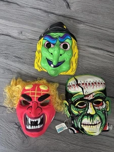 Vintage Halloween Masks x 3 - Vacuform Plastic Witch, Frankenstein Horror 80’s? - Picture 1 of 19