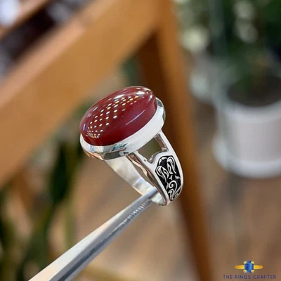 Handmade Red Yemeni Agate Ring 925 Sterling Silver Natural Aqeeq Ring For Men - Image 1 of 3
