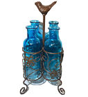 Cracker Barrel Set of 4 Aqua Blue Vases w/ Brown Iron Holder Floral Bird Stand 