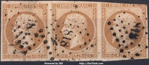 FRANCE EMPIRE 10c BISTRE BANDE DE 3 N° 13A AVEC PC 818 LA CHATRE INDRE A VOIR - Picture 1 of 2