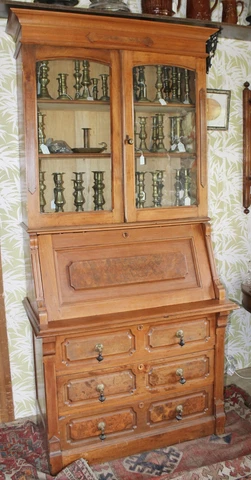 Old Antique VICTORIAN Walnut BIRD'S EYE Slant Drop Front SECRETARY DESK BOOKCASE Cover