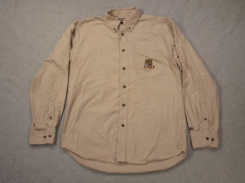 LSU Tigers Shirt Mens Large Beige Button Down Long Sleeve Embroidered Pressbox Cover