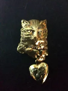 Katze Brosche Anstecknadel mit Herz Medaillon - Bild 1 von 3