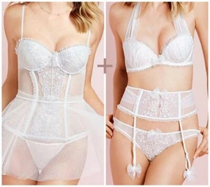 36 B VICTORIA'S SECRET I DO EMBROIDERED  Bridal  Bra+Bustier 5 Piece Set NWT - Picture 1 of 7