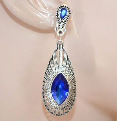OHRRINGE Damen CLIPS SILBER Kristalle BLAU Ethnisch Chandelier Ohrhänger X55 - Bild 1 von 2