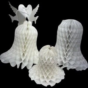 Vintage Lot Of 23 White Honey Comb Tissue Paper Bells Doves Wedding Decoration - Picture 1 of 5