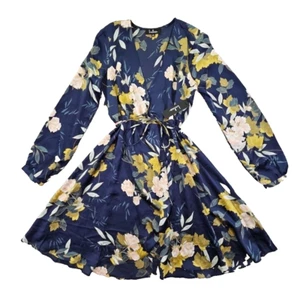 Lulus NWT Love is Life Navy Blue Floral Print Satin Wrap Dress Size Medium - Picture 1 of 10