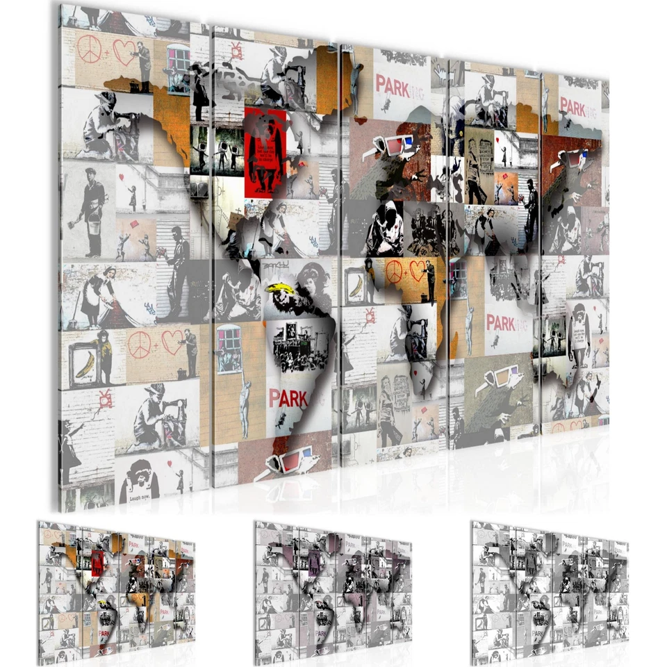 Wandbilder Set Weltkarte Banksy Collage XXL Bild Schlafzimmer Wohnzimmer Flur - Bild 1 von 1