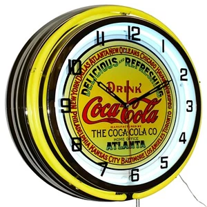 19" The Coca-Cola Co. Sign Double Neon Clock Home Bar Decor (Yellow) - Picture 1 of 6