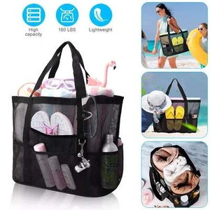 Women's Large Beach Mesh Bag Carry Picnic Tote Foldable Shopping Zipper Handbag - Picture 1 of 15