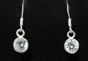 Sterling Silver CZ Dangle Solitaire Bezel Set Rhinestone Earrings Signed Pierced - Picture 1 of 11