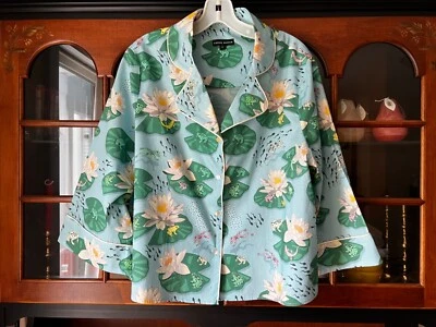 Karen Mabon Womens Organic Cotton Pajama PJ Top Pond Life Frogs Lilypads Small - Photo 1/4