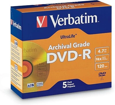 Verbatim UltraLife DVD-R 4.7GB 16X – Gold Archival Grade – 5 Pack Jewel Case - Image 1 of 4