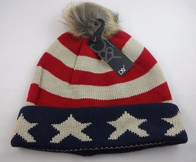 Beanie Hat Red Beige Stars Red Stripes USA Flag Theme Brown Faux Fur Tassel DY - Image 1 of 4