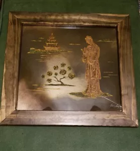 VINTAGE CHINESE ASIAN REVERSE ETCH PAINT MOLD MIRROR FRAMED SIGNED FRANZ GROSZ - Picture 1 of 9