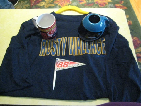 NASCAR 4-PC.LOT/Size LG. Rusty Wallace Jersey, 2 Coffee Mugs & #88 Plastic Flag Cover