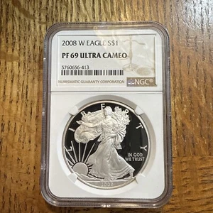 2008-W Proof $1 American Silver Eagle NGC PF69 Ultra Cameo Brown Label - Picture 1 of 2