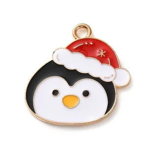 10 Very Cute Christmas Penguin with Santa Hat Gold Tone Charm Pendants - Picture 1 of 2