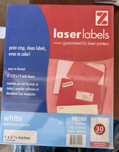 Z-Inter... 302000 Laser Adressetiketten ~ 1" x 2 5/8" ~ 30 Etiketten pro Blatt, 100 Blatt - Bild 1 von 4