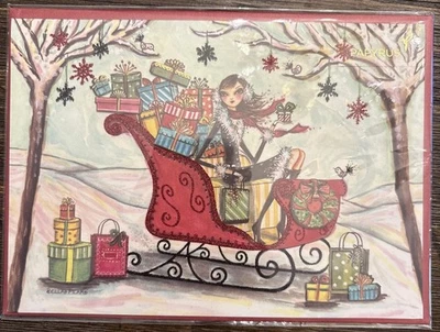 Papyrus Santas Sleigh Christmas/Holiday Greeting Card Glitter New With Envelope - Image 1 of 4
