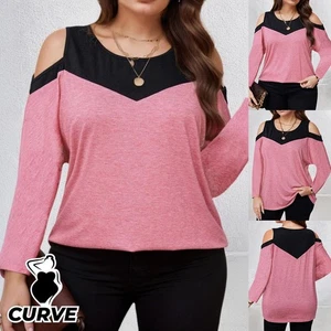Plus Size Curvy Women Cold Shoulder Tops Colourblock Long Sleeve T Shirt Blouse - Picture 1 of 18