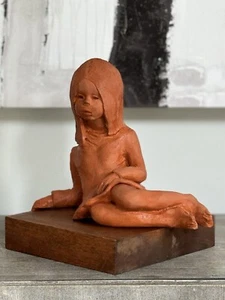 Vintage Signed 1970 Bare footed Girl in dress Red Clay Sculpture 10"x10" - Picture 1 of 8