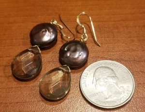 Gold filled earrings, wire wrapped, smoky quartz w/brown coin pearl, handmade - Picture 1 of 2